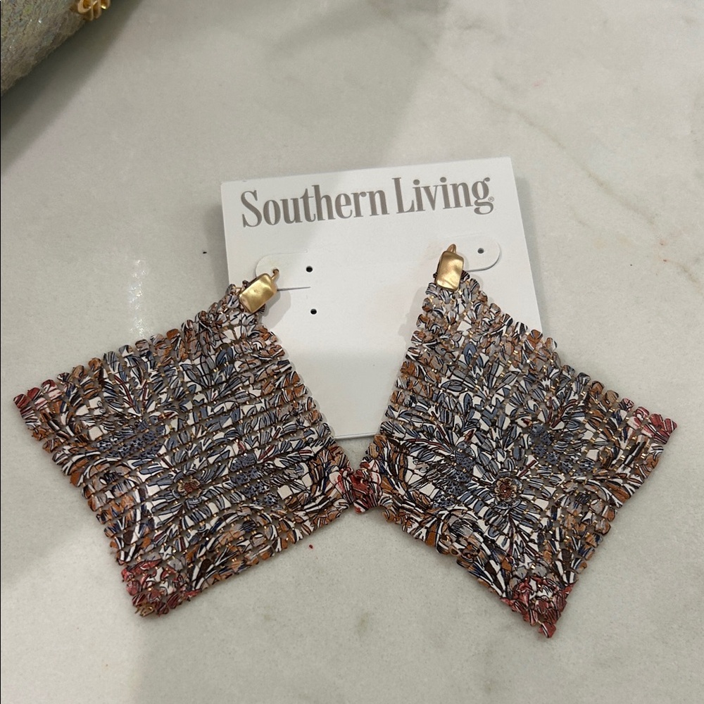 Southern Living Crochet Floral Square Earrings in Gold, Brown, Navy & Rust